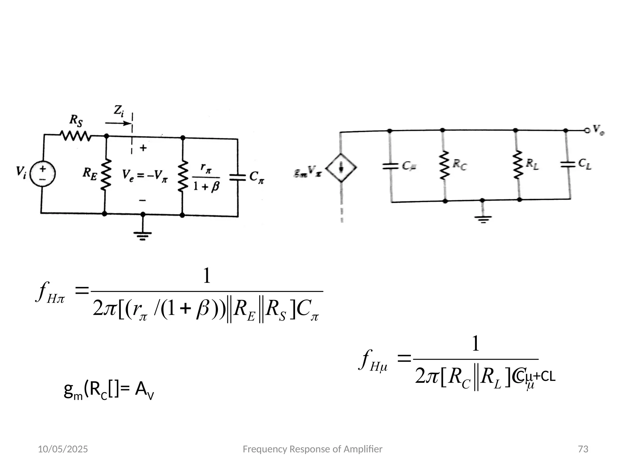 10/05/2025 Frequency Response of Amplifier 73




 C
R
R
r
f
S
E
H
]
))
1
/(
[(
2
1




 C
R
R
f
L
C
H
]
[
2
1

gm(RC[]= AV
Cμ+CL
 