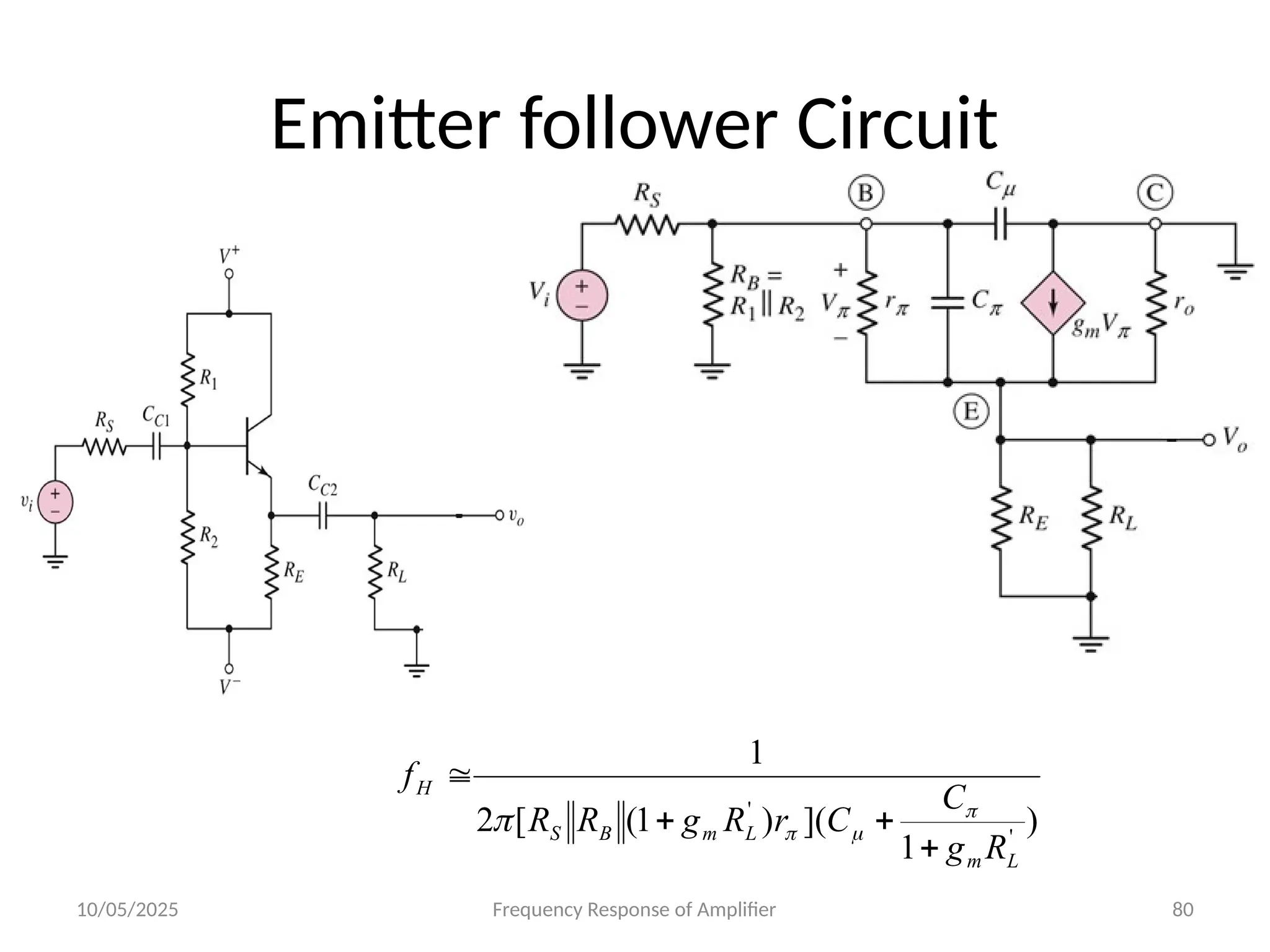 10/05/2025 Frequency Response of Amplifier 80
Emitter follower Circuit
)
1
](
)
1
(
[
2
1
'
'
L
m
L
m
B
S
H
R
g
C
C
r
R
g
R
R
f








 