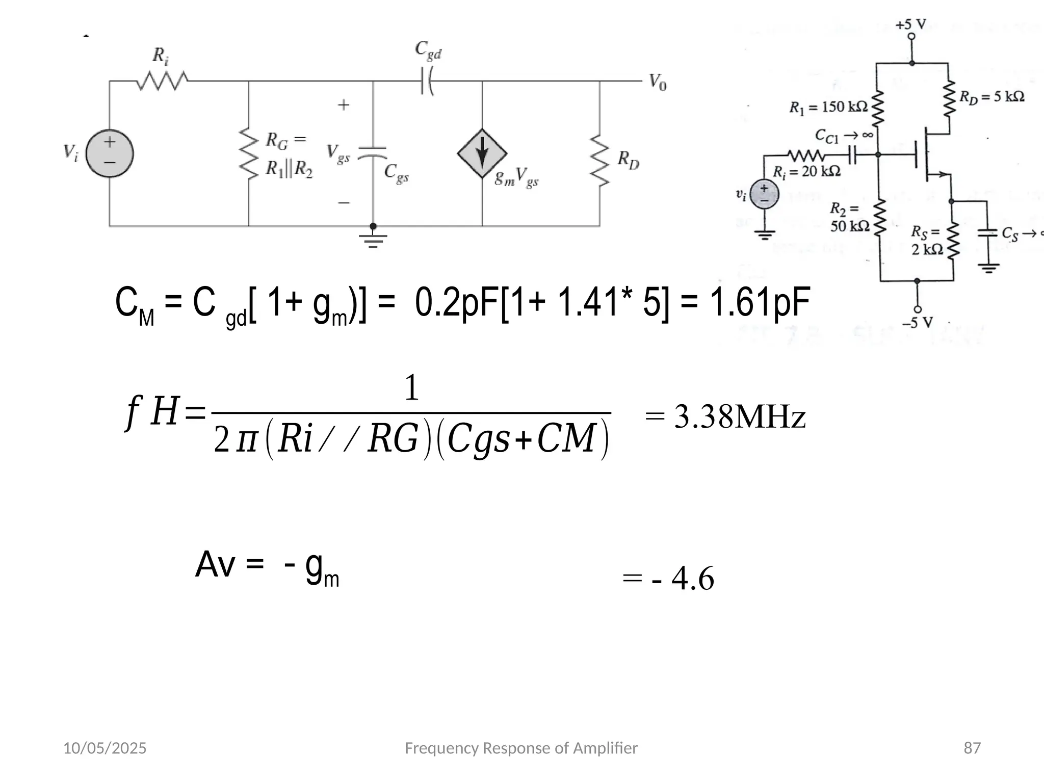 10/05/2025 Frequency Response of Amplifier 87
𝑓 𝐻=
1
2 𝜋(𝑅𝑖 ∕ ∕ 𝑅𝐺)(𝐶𝑔𝑠+𝐶𝑀)
= 3.38MHz
Av = - gm = - 4.6
CM = C gd[ 1+ gm)] = 0.2pF[1+ 1.41* 5] = 1.61pF
 