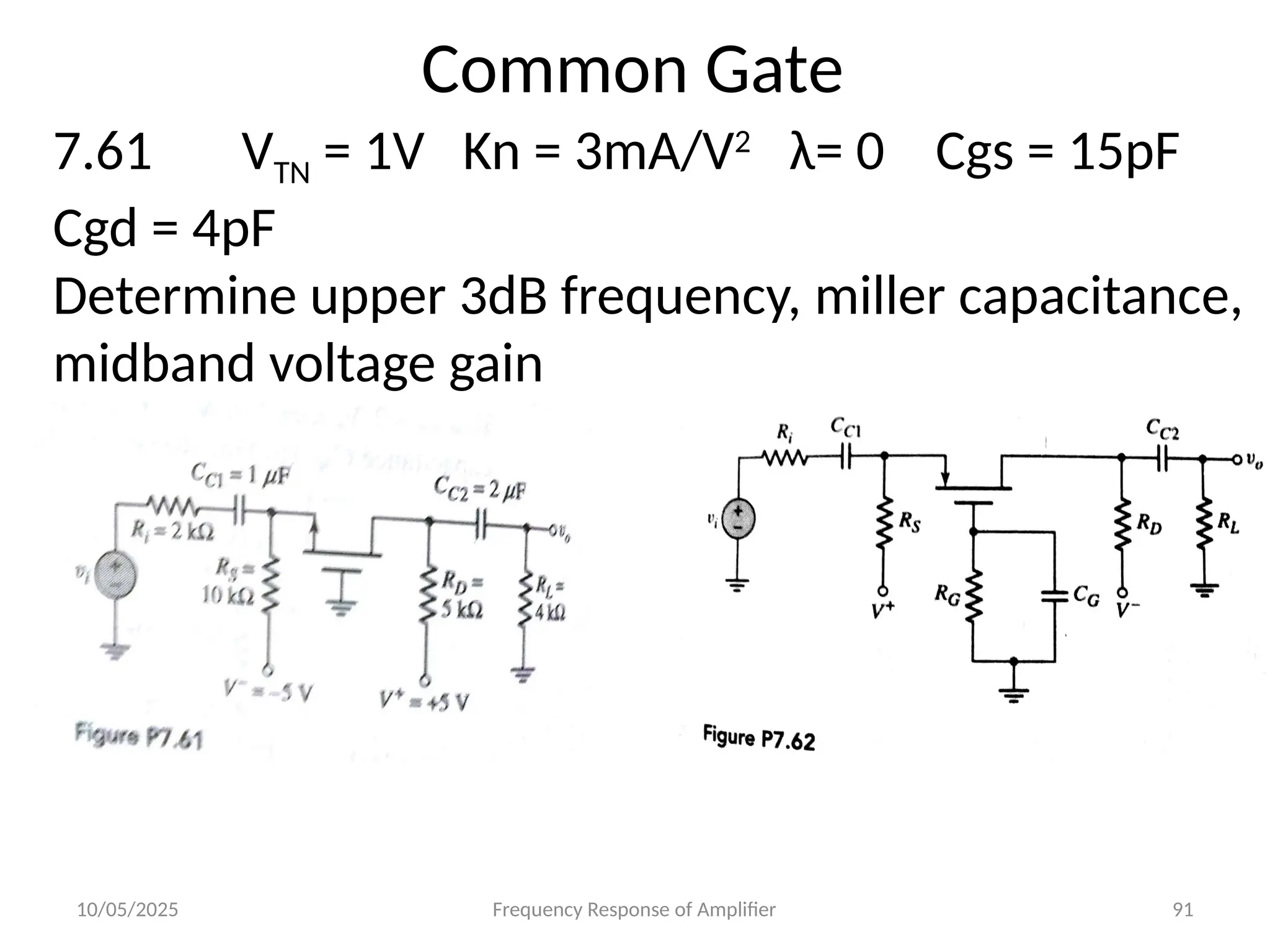 10/05/2025 Frequency Response of Amplifier 91
Common Gate
7.61 VTN = 1V Kn = 3mA/V2
λ= 0 Cgs = 15pF
Cgd = 4pF
Determine upper 3dB frequency, miller capacitance,
midband voltage gain
 