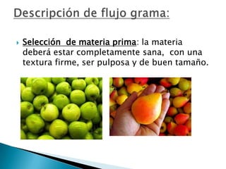 

Selección de materia prima: la materia
deberá estar completamente sana, con una
textura firme, ser pulposa y de buen tamaño.

 