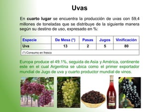 Uvas
En cuarto lugar se encuentra la producción de uvas con 59,4
millones de toneladas que se distribuye de
según su destino de uso, expresado en %:
la siguiente manera
Europa produce el 49.1%, seguida de Asia
este en el cual Argentina se ubica como
y América, continente
el primer exportador
mundial de Jugo de uva y cuarto productor mundial de vinos.
Especie De Mesa (*) Pasas Jugos Vinificación
Uva 13 2 5 80
(*) Consumo en fresco
 