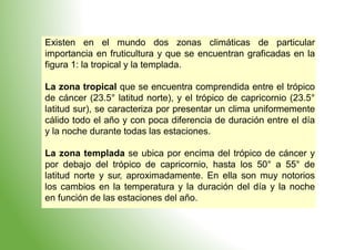 Existen en el mundo dos zonas climáticas de particular
importancia en fruticultura y que se encuentran graficadas en la
figura 1: la tropical y la templada.
La zona tropical que se encuentra comprendida entre el trópico
de cáncer (23.5° latitud norte), y el trópico de capricornio (23.5°
latitud sur), se caracteriza por presentar un clima uniformemente
cálido todo el año y con poca diferencia de duración entre el día
y la noche durante todas las estaciones.
La zona templada se ubica por encima del trópico de cáncer y
por debajo del trópico de capricornio, hasta los 50° a 55° de
latitud norte y sur, aproximadamente. En ella son muy notorios
los cambios en la temperatura y la duración del día y la noche
en función de las estaciones del año.
 