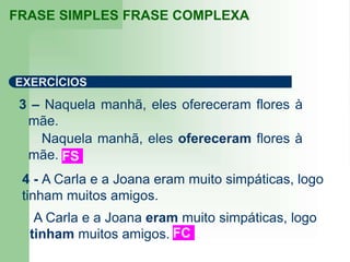 3 – Naquela manhã, eles ofereceram flores à
mãe.
FRASE SIMPLES FRASE COMPLEXA
EXERCÍCIOS
Naquela manhã, eles ofereceram flores à
mãe.
A Carla e a Joana eram muito simpáticas, logo
tinham muitos amigos. FC
FS
4 - A Carla e a Joana eram muito simpáticas, logo
tinham muitos amigos.
 