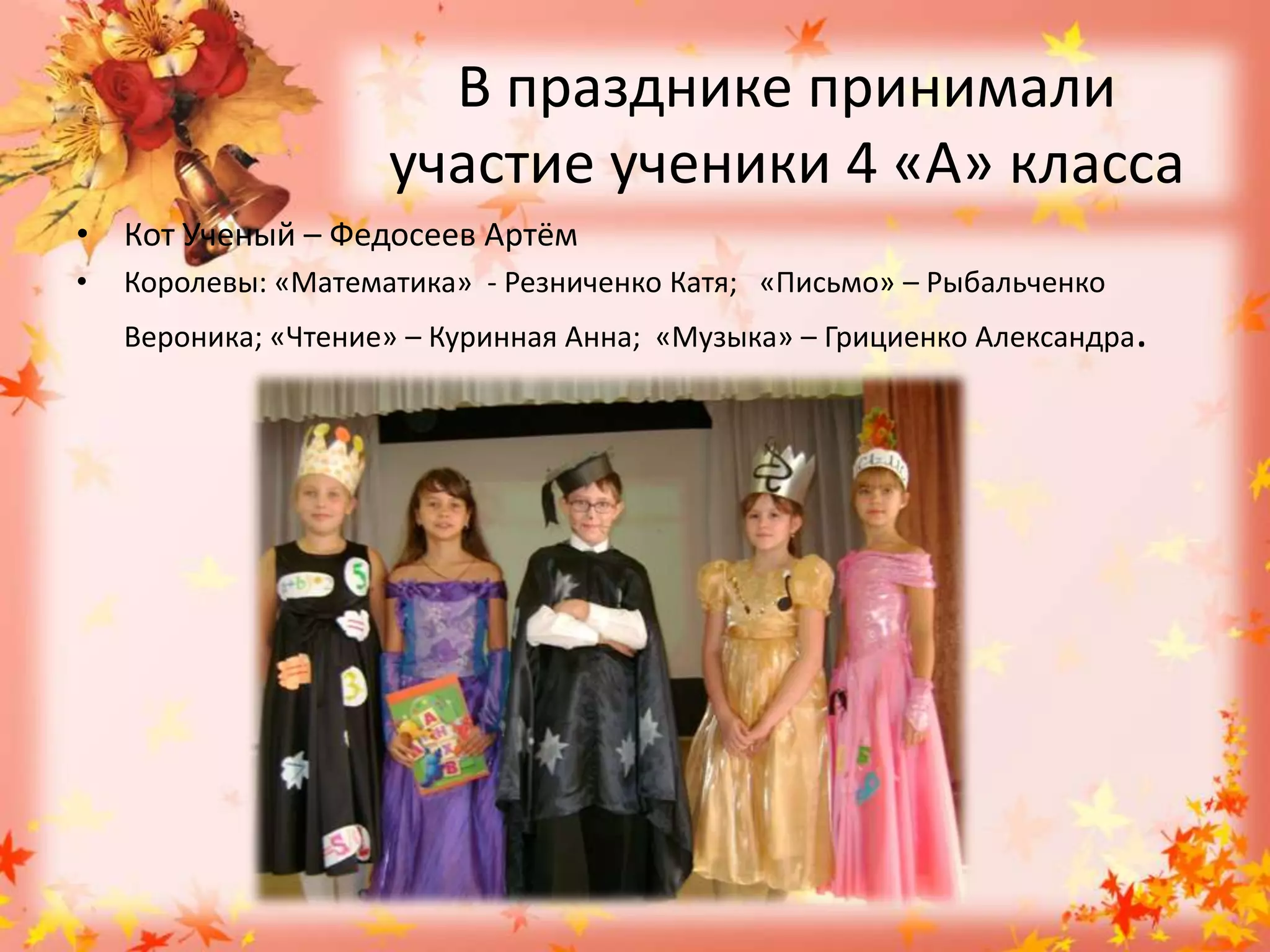 В празднике принимали участие ученики 4 «А» классаКот Ученый – Федосеев АртёмКоролевы: «Математика»  - Резниченко Катя;   «Письмо» – Рыбальченко Вероника; «Чтение» – Куринная Анна;  «Музыка» – Грициенко Александра.