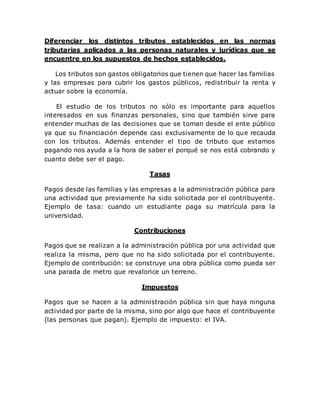 Diferenciar los distintos tributos establecidos en las normas
tributarias aplicados a las personas naturales y jurídicas que se
encuentre en los supuestos de hechos establecidos.
Los tributos son gastos obligatorios que tienen que hacer las familias
y las empresas para cubrir los gastos públicos, redistribuir la renta y
actuar sobre la economía.
El estudio de los tributos no sólo es importante para aquellos
interesados en sus finanzas personales, sino que también sirve para
entender muchas de las decisiones que se toman desde el ente público
ya que su financiación depende casi exclusivamente de lo que recauda
con los tributos. Además entender el tipo de tributo que estamos
pagando nos ayuda a la hora de saber el porqué se nos está cobrando y
cuanto debe ser el pago.
Tasas
Pagos desde las familias y las empresas a la administración pública para
una actividad que previamente ha sido solicitada por el contribuyente.
Ejemplo de tasa: cuando un estudiante paga su matrícula para la
universidad.
Contribuciones
Pagos que se realizan a la administración pública por una actividad que
realiza la misma, pero que no ha sido solicitada por el contribuyente.
Ejemplo de contribución: se construye una obra pública como pueda ser
una parada de metro que revalorice un terreno.
Impuestos
Pagos que se hacen a la administración pública sin que haya ninguna
actividad por parte de la misma, sino por algo que hace el contribuyente
(las personas que pagan). Ejemplo de impuesto: el IVA.
 