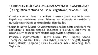 CORRENTES TEÓRICAS FUNCIONALISMO NORTE-AMERICANO
( a linguística centrada no uso ou cognitivo-funcional - 1970 )
• Considera como objeto de análise o texto a partir dos fenômenos
linguísticos efetivados pelos falantes na interação e também a
questão cognitiva na construção dos significados.
• Segundo Neves (2010), “A vertente funcionalista norte-americana vai
considerar a relação sistema linguístico e estrutura cognitiva do
usuário, sem conceber um modelo cognitivista de gramática”.
• Principais representantes: Talmy Givón, Paul Hopper, Sandra
Thompson, Wallace Chafe, Joan Bybee, Elizabeth Traugott, George
Lakoff, Ronald Langacker, Gilles Fauconnier, Adele Goldberg, John
Taylor etc.
 