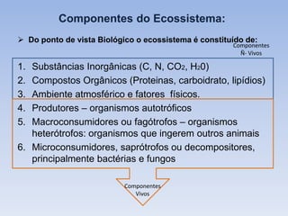 Componentes do Ecossistema:
 Do ponto de vista Biológico o ecossistema é constituído de:

Componentes
Ñ- Vivos

1.
2.
3.
4.
5.

Substâncias Inorgânicas (C, N, CO2, H20)
Compostos Orgânicos (Proteinas, carboidrato, lipídios)
Ambiente atmosférico e fatores físicos.
Produtores – organismos autotróficos
Macroconsumidores ou fagótrofos – organismos
heterótrofos: organismos que ingerem outros animais
6. Microconsumidores, saprótrofos ou decompositores,
principalmente bactérias e fungos
Componentes
Vivos

 