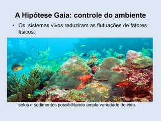 A Hipótese Gaia: controle do ambiente
• Os sistemas vivos reduziram as flutuações de fatores
físicos.

• Ex.: Amônia excretada pelos organismos vivos controla o pH dos
solos e sedimentos possibilitando ampla variedade de vida.

 