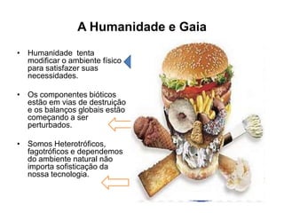 A Humanidade e Gaia
• Humanidade tenta
modificar o ambiente físico
para satisfazer suas
necessidades.

• Os componentes bióticos
estão em vias de destruição
e os balanços globais estão
começando a ser
perturbados.
• Somos Heterotróficos,
fagotróficos e dependemos
do ambiente natural não
importa sofisticação da
nossa tecnologia.

 