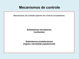Mecanismos de controle
Mecanismos de controle operam em nível do ecossistema:

Subsistemas microbianos
(nutrientes)

Subsistemas predador/presa
(regula a densidade populacional)

 