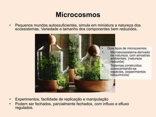 Microcosmos
•

Pequenos mundos autossuficientes, simula em miniatura a natureza dos
ecossistemas. Variedade e tamanho dos componentes bem reduzidos.

• Dois tipos de microcosmos:
1.
Microecossistema derivado
da natureza, com amostras
ambientais. (natureza
reduzida)
2.
Sistemas construídos
acrescentando-se
espécies, (experimentos
bioquímicos)

•
•

Experimentos, facilidade de replicação e manipulação
Podem ser fechados, parcialmente fechados, com influxo e efluxo
regulados.

 