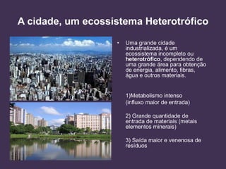 A cidade, um ecossistema Heterotrófico
•

Uma grande cidade
industrializada, é um
ecossistema incompleto ou
heterotrófico, dependendo de
uma grande área para obtenção
de energia, alimento, fibras,
água e outros materiais.

1)Metabolismo intenso
(influxo maior de entrada)
2) Grande quantidade de
entrada de materiais (metais
elementos minerais)
3) Saída maior e venenosa de
resíduos

 