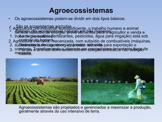 Agroecossistemas
•

Os agroecossistemas podem-se dividir em dois tipos básicos:

• São os ecossistemas agrícolas.
1. Agricultura pré-industrial: autossuficiente, o trabalho humano e animal
• fornece subsídio de energia, provê alimentos para o agricultor e venda e
Diferem dos ecossistemas naturais em três maneiras:
1. troca de mercadorias.
A energia auxiliar (fertilizantes, pesticidas, água para irrigação) está sob
controle do homem.
2. Agricultura intensiva, mecanizada, com subsídio de combustíveis (máquinas,
2. substâncias químicas, energia), produz reduzida. para exportação e
Diversidade de organismo está muito alimento
3. comércio. Transformando o alimento em seleção artificial, e não seleçãode
Plantas e animais dominantes sofrem mercadoria e importante força
mercado.
natural.

Agroecossistemas são projetados e gerenciados a maximizar a produção,
geralmente através do uso intensivo de terra.

 