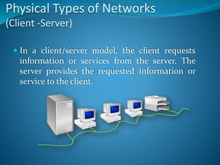 Physical Types of Networks
(Client -Server)
 In a client/server model, the client requests
information or services from the server. The
server provides the requested information or
service to the client.
 