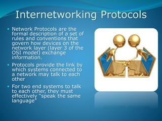 Internetworking Protocols
 Network Protocols are the
formal description of a set of
rules and conventions that
govern how devices on the
network layer (layer 3 of the
OSI model) exchange
information.
 Protocols provide the link by
which systems connected to
a network may talk to each
other
 For two end systems to talk
to each other, they must
effectively “speak the same
language”
 