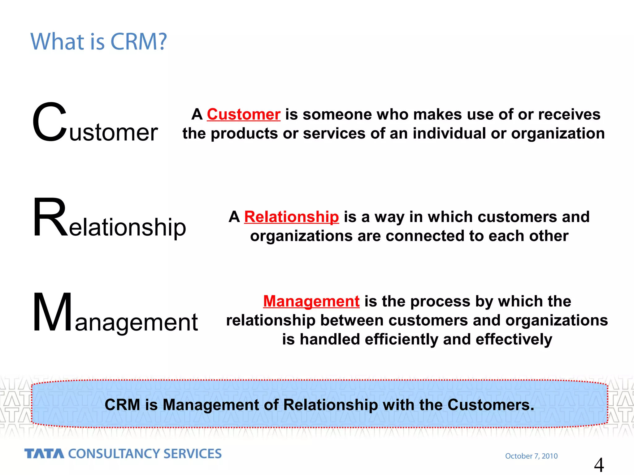 What is CRM?

Customer

A Customer is someone who makes use of or receives
the products or services of an individual or organization

Relationship

A Relationship is a way in which customers and
organizations are connected to each other

Management

Management is the process by which the
relationship between customers and organizations
is handled efficiently and effectively

CRM is Management of Relationship with the Customers.
October 7, 2010

4

 
