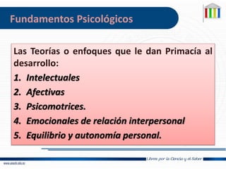 Las Teorías o enfoques que le dan Primacía al
desarrollo:
1. Intelectuales
2. Afectivas
3. Psicomotrices.
4. Emocionales de relación interpersonal
5. Equilibrio y autonomía personal.
Fundamentos Psicológicos
 