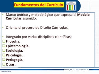 Fundamentos del Currículo
• Marco teórico y metodológico que expresa el Modelo
Curricular asumido.
• Orienta el proceso de Diseño Curricular.
• Integrado por varias disciplinas científicas:
Filosofía.
Epistemología.
Sociología.
Psicología.
Pedagogía.
Otras.
 