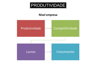 PRODUTIVIDADE
Produtividade Competitividade
Lucros Crescimento
Nível empresa
 