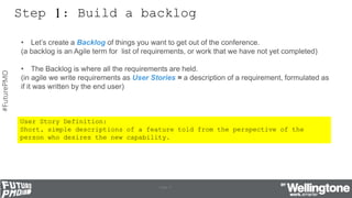 #FuturePMO
Step 1: Build a backlog
User Story Definition:
Short, simple descriptions of a feature told from the perspectiv...