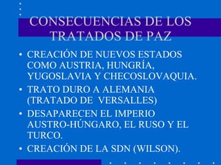 CONSECUENCIAS DE LOS TRATADOS DE PAZ CREACIÓN DE NUEVOS ESTADOS COMO AUSTRIA, HUNGRÍA, YUGOSLAVIA Y CHECOSLOVAQUIA. TRATO DURO A ALEMANIA (TRATADO DE  VERSALLES) DESAPARECEN EL IMPERIO  AUSTRO-HÚNGARO, EL RUSO Y EL TURCO. CREACIÓN DE LA SDN (WILSON). 