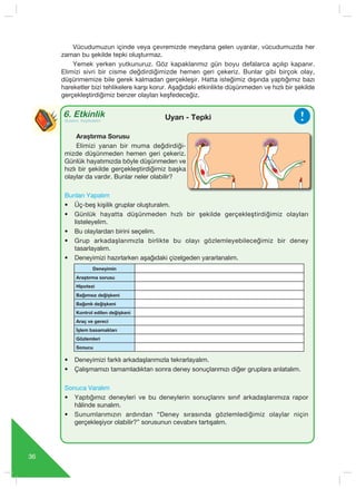 36
6. Etkinlik
Bulal›m, Keﬂfedelim
Uyar› - Tepki
Araﬂt›rma Sorusu
Elimizi yanan bir muma değdirdiği-
mizde düşünmeden hemen geri çekeriz.
Günlük hayatımızda böyle düşünmeden ve
hızlı bir şekilde gerçekleştirdiğimiz başka
olaylar da vardır. Bunlar neler olabilir?
Bunlar› Yapal›m
• Üç-beş kişilik gruplar oluşturalım.
• Günlük hayatta düşünmeden hızlı bir şekilde gerçekleştirdiğimiz olayları
listeleyelim.
• Bu olaylardan birini seçelim.
• Grup arkadaşlarımızla birlikte bu olayı gözlemleyebileceğimiz bir deney
tasarlayalım.
• Deneyimizi hazırlarken aşağıdaki çizelgeden yararlanalım.
• Deneyimizi farklı arkadaşlarımızla tekrarlayalım.
• Çalışmamızı tamamladıktan sonra deney sonuçlarımızı diğer gruplara anlatalım.
Sonuca Varal›m
• Yaptığımız deneyleri ve bu deneylerin sonuçlarını sınıf arkadaşlarımıza rapor
hâlinde sunalım.
• Sunumlarımızın ardından “Deney sırasında gözlemlediğimiz olaylar niçin
gerçekleşiyor olabilir?” sorusunun cevab›n› tartışalım.
Deneyimin
Araştırma sorusu
Hipotezi
Ba¤›ms›z de¤iﬂkeni
Ba¤›ml› de¤iﬂkeni
Kontrol edilen de¤iﬂkeni
Araç ve gereci
‹şlem basamakları
Gözlemleri
Sonucu
Vücudumuzun içinde veya çevremizde meydana gelen uyarılar, vücudumuzda her
zaman bu şekilde tepki oluşturmaz.
Yemek yerken yutkunuruz. Göz kapaklarımız gün boyu defalarca açılıp kapanır.
Elimizi sivri bir cisme değdirdiğimizde hemen geri çekeriz. Bunlar gibi birçok olay,
düşünmemize bile gerek kalmadan gerçekleşir. Hatta isteğimiz dışında yaptığımız bazı
hareketler bizi tehlikelere karşı korur. Aşağıdaki etkinlikte düşünmeden ve hızlı bir şekilde
gerçekleştirdiğimiz benzer olayları keşfedeceğiz.
 
