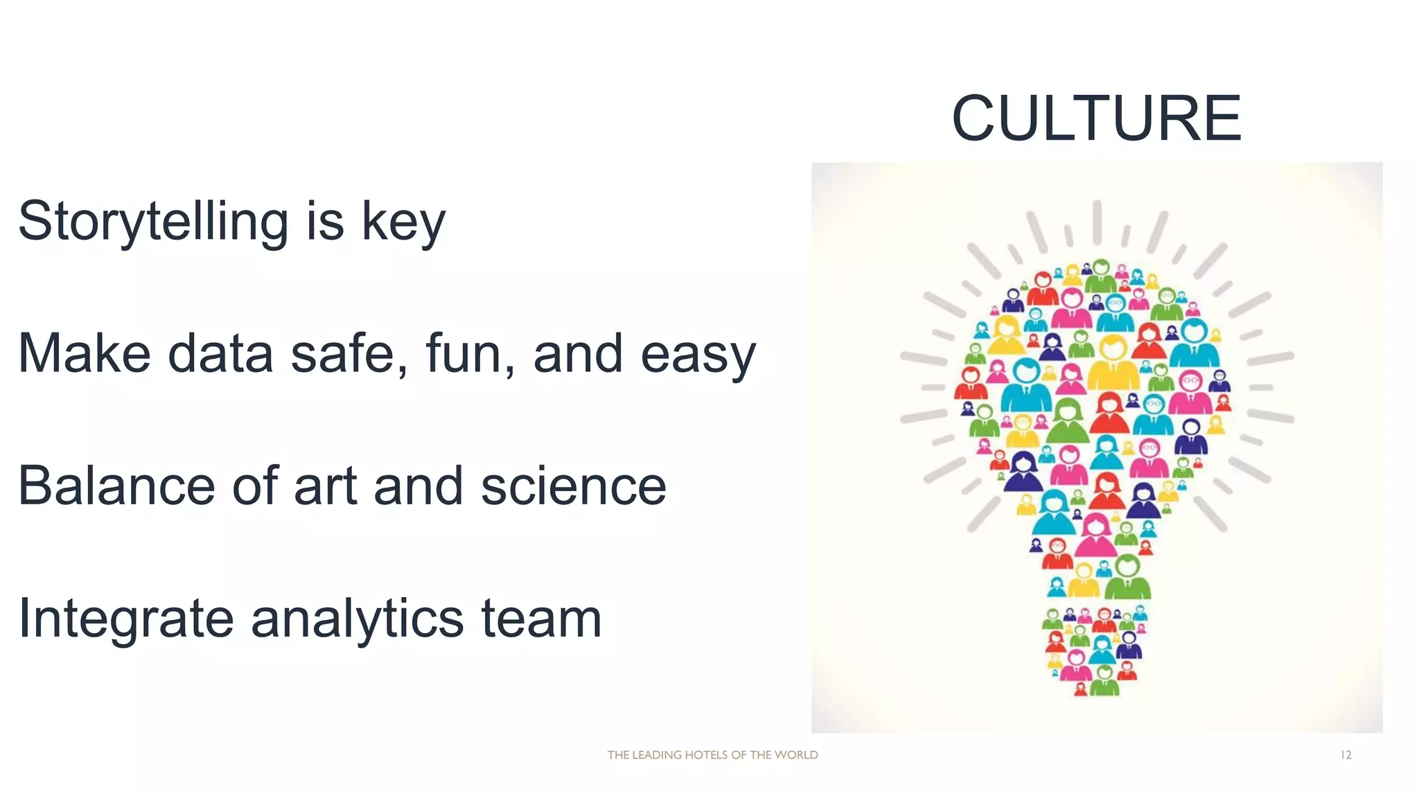 THE LEADING HOTELS OF THE WORLD 12
CULTURE
Storytelling is key
Make data safe, fun, and easy
Balance of art and science
Integrate analytics team
 