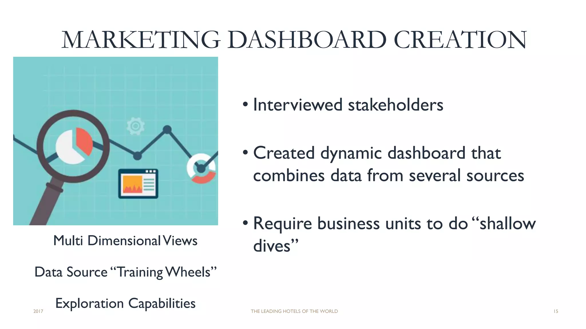 MARKETING DASHBOARD CREATION
• Interviewed stakeholders
• Created dynamic dashboard that
combines data from several sources
• Require business units to do “shallow
dives”
2017 THE LEADING HOTELS OF THE WORLD 15
Multi DimensionalViews
Data Source “Training Wheels”
Exploration Capabilities
 