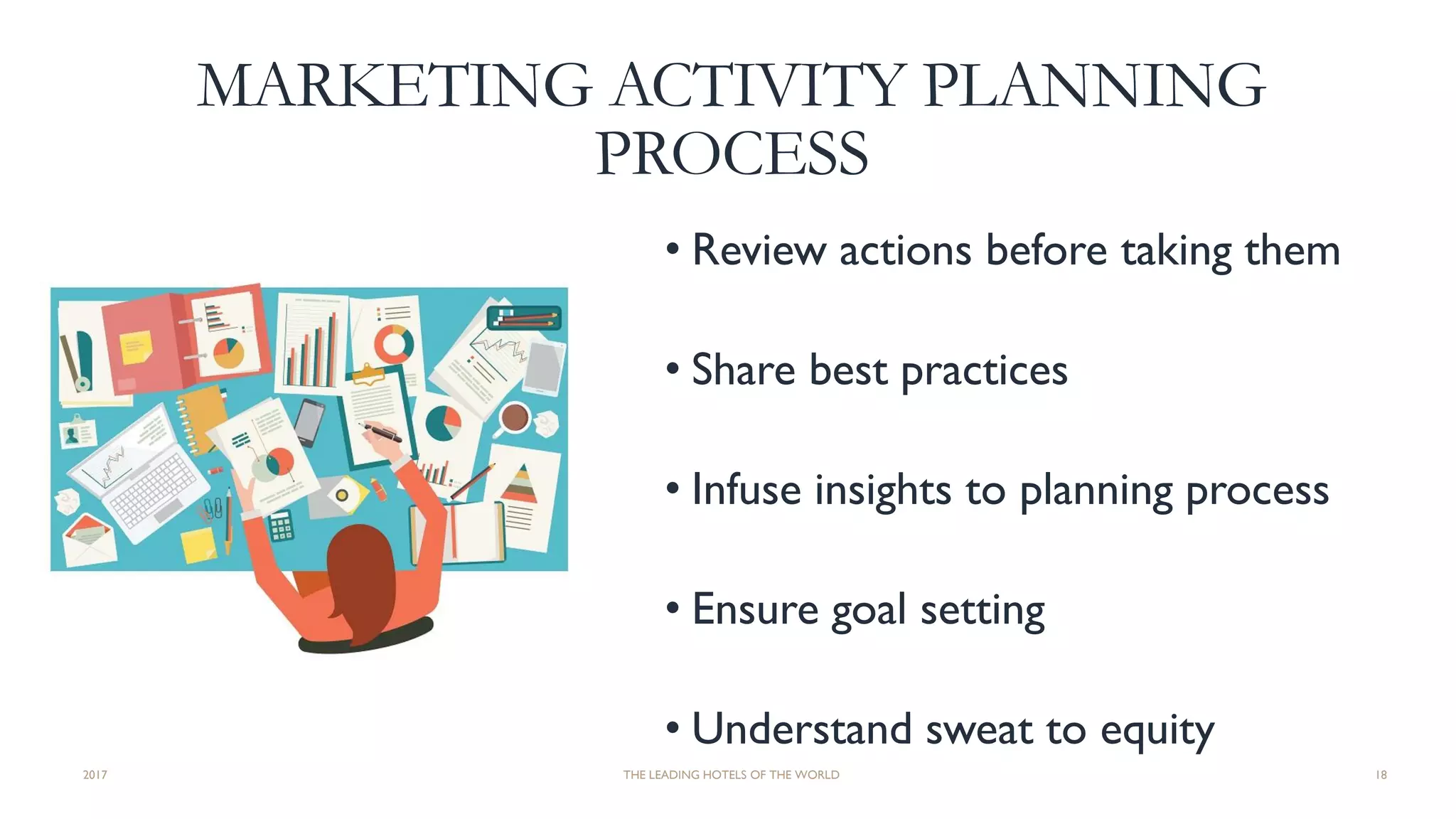 MARKETING ACTIVITY PLANNING
PROCESS
• Review actions before taking them
• Share best practices
• Infuse insights to planning process
• Ensure goal setting
• Understand sweat to equity
2017 THE LEADING HOTELS OF THE WORLD 18
 