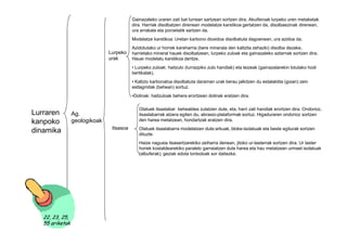Gainazaleko uraren zati bat lurrean sartzean sortzen dira. Akuiferoak lurpeko uren metaketak
                                          dira. Harriak disolbatzen direnean modelatze karstikoa gertatzen da, disolbaezinak direnean,
                                          ura arrakala eta poroetatik sartzen da.
                                          Modelatze karstikoa: Uretan karbono dioxidoa disolbatuta dagoenean, ura azidoa da.
                                          Azidotutako ur horrek kareharria (bere minerala den kaltzita zehazki) disolba dezake,
                               Lurpeko    harrietako mineral hauek disolbatzean, lurpeko zuloak eta gainazaleko aztarnak sortzen dira.
                               urak       Hauei modelatu karstikoa deritze.
                                          • Lurpeko zuloak: haitzulo (lurrazpiko zulo handiak) eta leizeak (gainazalarekin lotutako hodi
                                          bertikalak).
                                          • Kaltzio karbonatoa disolbatuta daraman urak berau jalkitzen du estalaktita (goian) zein
                                          estlagmitak (behean) sortuz.
                                          •Dolinak: haitzuloak behera erortzean dolinak eratzen dira.

                                             Olatuek itsaslabar behealdea zulatzen dute, eta, harri zati handiak erortzen dira. Ondorioz,
Lurraren         Ag.                         itsaslabarrak atzera egiten du, abrasio-plataformak sortuz. Higaduraren ondorioz sortzen
                 geologikoak                 den harea metatzean, hondartzak eratzen dira.
kanpoko
                                Itsasoa      Olatuek itsaslabarra modelatzen dute:arkuak, bloke-isolatuak eta beste egiturak sortzen
dinamika                                     dituzte.
                                             Haize nagusia itsasertzarekiko zeiharra denean, jitoko ur-lasterrak sortzen dira. Ur laster
                                             horiek kostaldearekiko paralelo garraiatzen dute harea eta hau metatzean urmael isolatuak
                                             (albuferak), geziak edota tonboloak sor daitezke.




   22, 23, 25,
   55 ariketak
 