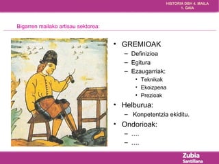 HISTORIA DBH 4. MAILA 
1. GAIA 
Bigarren mailako artisau sektorea: 
• GREMIOAK 
– Definizioa 
– Egitura 
– Ezaugarriak: 
• Teknikak 
• Ekoizpena 
• Prezioak 
• Helburua: 
– Konpetentzia ekiditu. 
• Ondorioak: 
– …. 
– …. 
 