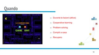 Quando
10
o Durante le lezioni (attive)
o Cooperative learning
o Problem solving
o Compiti a casa
o Recupero
 
