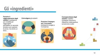 Gli «ingredienti»
12
Favorire il
raggiungimento degli
obiettivi: predisporre
più modalità per
raggiungerli;
permettere un secondo
tentativo per superare
la prova, ma anche un
terzo…
Coinvolgere gli studenti
Premiare l’impegno
per il successo:
predisporre budges e
ricompense
Consapevolezza degli
obiettivi didattici
conseguiti: favorire la
riflessione metacognitiva
sul percorso svolto
 