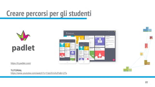 Creare percorsi per gli studenti
22
https://it.padlet.com/
TUTORIAL
https://www.youtube.com/watch?v=YyloXVxXxFk&t=27s
 
