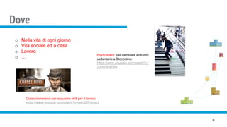 Dove
6
o Nella vita di ogni giorno
o Vita sociale ed a casa
o Lavoro
o …
Corso immersivo per acquisire skill per il lavoro:
https://www.youtube.com/watch?v=vebSZFdpxxU
Piano stairs: per cambiare abitudini
sedentarie a Stoccolma:
https://www.youtube.com/watch?v=
2lXh2n0aPyw
 