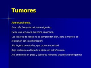 Tumores
Adenocarcinoma.
Es el más frecuente del tracto digestivo.
Existe una secuencia adenoma-carcinoma.
Los factores de riesgo no se comprenden bien, pero la mayoría se
relacionan con la alimentación:
Alta ingesta de calorías, que provoca obesidad.
Bajo contenido en fibra de la dieta con estreñimiento.
Alto contenido en grasa y azúcares refinados (posibles carcinógenos)
 