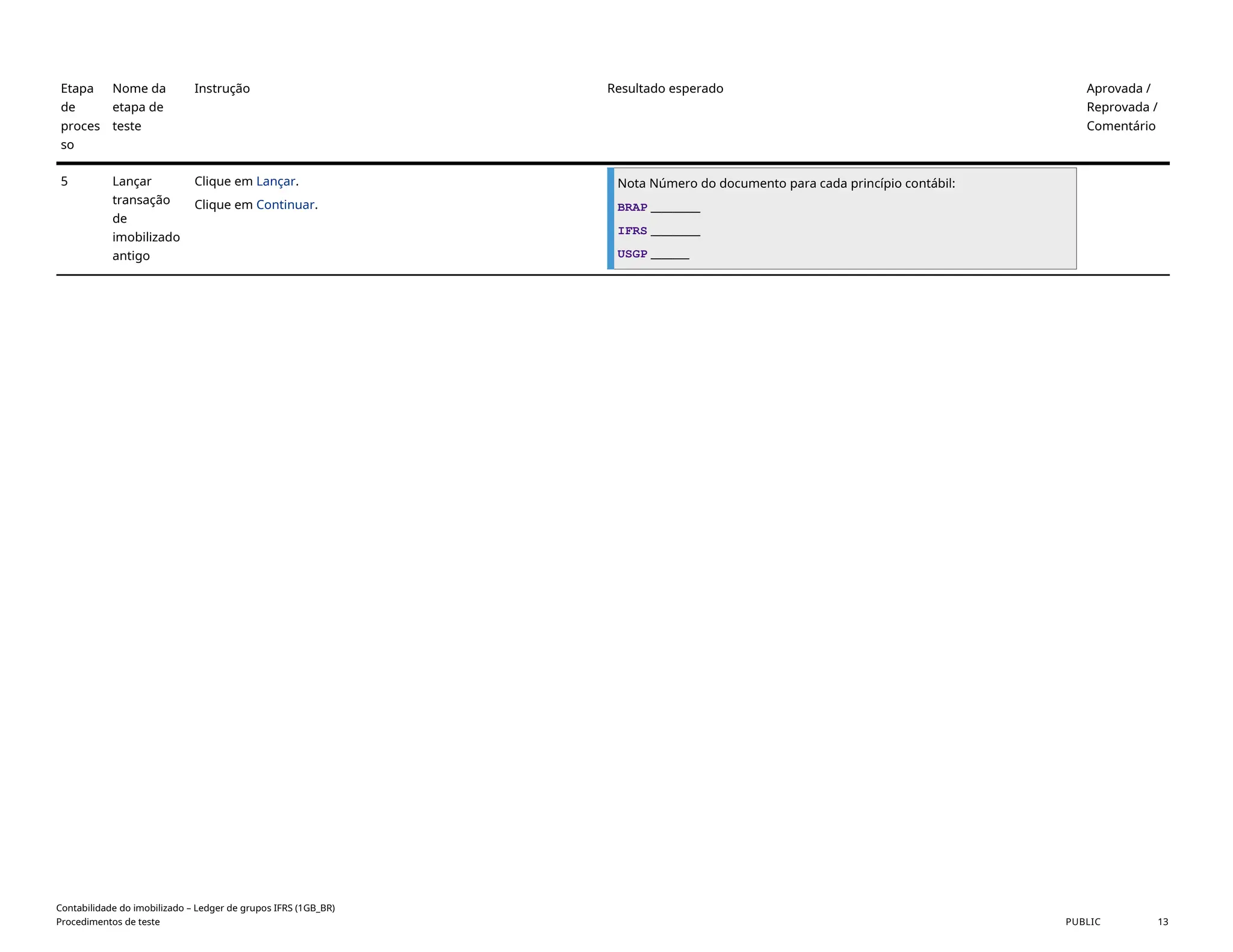 Etapa
de
proces
so
Nome da
etapa de
teste
Instrução Resultado esperado Aprovada /
Reprovada /
Comentário
5 Lançar
transação
de
imobilizado
antigo
Clique em Lançar.
Clique em Continuar.
Nota Número do documento para cada princípio contábil:
BRAP _________
IFRS _________
USGP _______
Contabilidade do imobilizado – Ledger de grupos IFRS (1GB_BR)
Procedimentos de teste PUBLIC 13
 