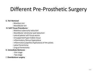 Different Pre-Prosthetic Surgery
C. Tori Removal
- Maxillary tori
- Mandibular tori
D. Soft Tissue Procedures:
- Maxillary tuberosity reduction
- Mandibular retromolar pad reduction
- Lateral palatal soft tissue excess
- Unsupported hypermobile tissue
- Inflammatory fibrous hyperplasia
- Inflammatory papillary hyperplasia of the palate.
- Labial frenectomy
- Lingual frenectomy
E. Immediate Dentures
- One stage
- Two stage
F. Overdenture surgery
102
 