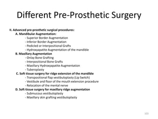Different Pre-Prosthetic Surgery
II. Advanced pre-prosthetic surgical procedures:
A. Mandibular Augmentation:
- Superior Border Augmentation
- Inferior Border Augmentation
- Pedicled or Interpositional Grafts
- Hydroxyapatite Augmentation of the mandible
B. Maxillary Augmentation
- Onlay Bone Grafting
- Interpositional Bone Grafts
- Maxillary Hydroxyapatite Augmentation
- Tuberoplasty
C. Soft tissue surgery for ridge extension of the mandible
- Transpositional flap vestibuloplasty (Lip Switch)
- Vestibule and floor of the mouth extension procedure
- Relocation of the mental nerve
D. Soft tissue surgery for maxillary ridge augmentation
- Submucous vestibuloplasty
- Maxillary skin grafting vestibuloplasty
103
 