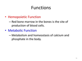 Functions
• Hemopoietic Function
– Red bone marrow in the bones is the site of
production of blood cells.
• Metabolic Function
– Metabolism and homeostasis of calcium and
phosphate in the body.
70
 