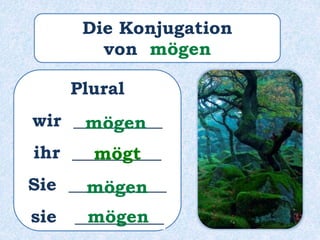 Plural
wir __________
ihr __________
Sie ___________
sie __________
mögen
mögt
mögen
mögen
Die Konjugation
von mögen
 