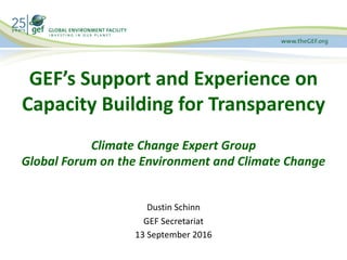GEF’s	Support	and	Experience	on	
Capacity	Building	for	Transparency
Climate	Change	Expert	Group
Global	Forum	on	the	Environment	and	Climate	Change
Dustin	Schinn
GEF	Secretariat
13	September	2016
 
