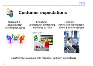 Customer expectations
         Relevant &            Engaging --                  Portable --
        personalized       memorable, compelling,      consistent experiences
     to individual needs     moments of truth           when & where needed




          Trustworthy: Delivered with reliability, security, consistency

10
 
