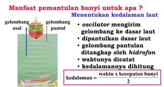 Manfaat pemantulan bunyi untuk apa ?
Menentukan kedalaman laut
gelombang
asal
gelombang
pantul
• oscilator mengirim
gelombang ke dasar laut
• dipantulkan dasar laut
• gelombang pantulan
ditangkap oleh hidrofon
• waktunya dicatat
• kedalamannya dihitung
kedalaman
waktu x ke

cepatan bunyi
2
 