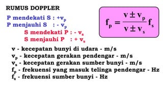 RUMUS DOPPLER
f
v v
v v
f
p
p
s
s



v - kecepatan bunyi di udara - m/s
vp - kecepatan gerakan pendengar - m/s
vs - kecepatan gerakan sumber bunyi - m/s
fp - frekuensi yang masuk telinga pendengar - Hz
fs - frekuensi sumber bunyi - Hz
P mendekati S : +vp
P menjauhi S : - vp
S mendekati P : - vs
S menjauhi P : + vs
 