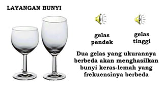 LAYANGAN BUNYI
Dua gelas yang ukurannya
berbeda akan menghasilkan
bunyi keras-lemah yang
frekuensinya berbeda
gelas
tinggi
gelas
pendek
 