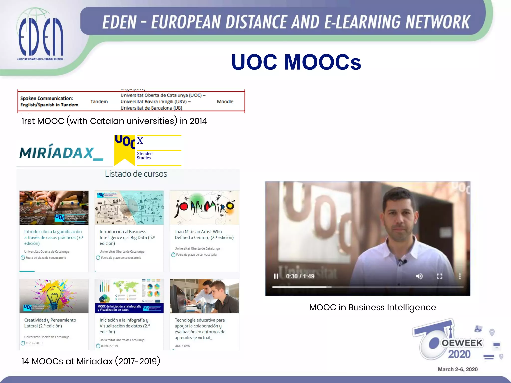 UOC MOOCs
MOOC in Business Intelligence
1rst MOOC (with Catalan universities) in 2014
14 MOOCs at Miríadax (2017-2019)
 