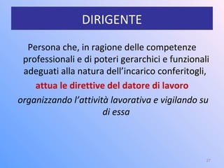 DIRIGENTE
Persona che, in ragione delle competenze
professionali e di poteri gerarchici e funzionali
adeguati alla natura dell’incarico conferitogli,
attua le direttive del datore di lavoro
organizzando l’attività lavorativa e vigilando su
di essa
27
 