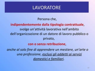 LAVORATORE
Persona che,
indipendentemente dalla tipologia contrattuale,
svolge un’attività lavorativa nell’ambito
dell‘organizzazione di un datore di lavoro pubblico o
privato,
con o senza retribuzione,
anche al solo fine di apprendere un mestiere, un’arte o
una professione, esclusi gli addetti ai servizi
domestici e familiari.
37
 